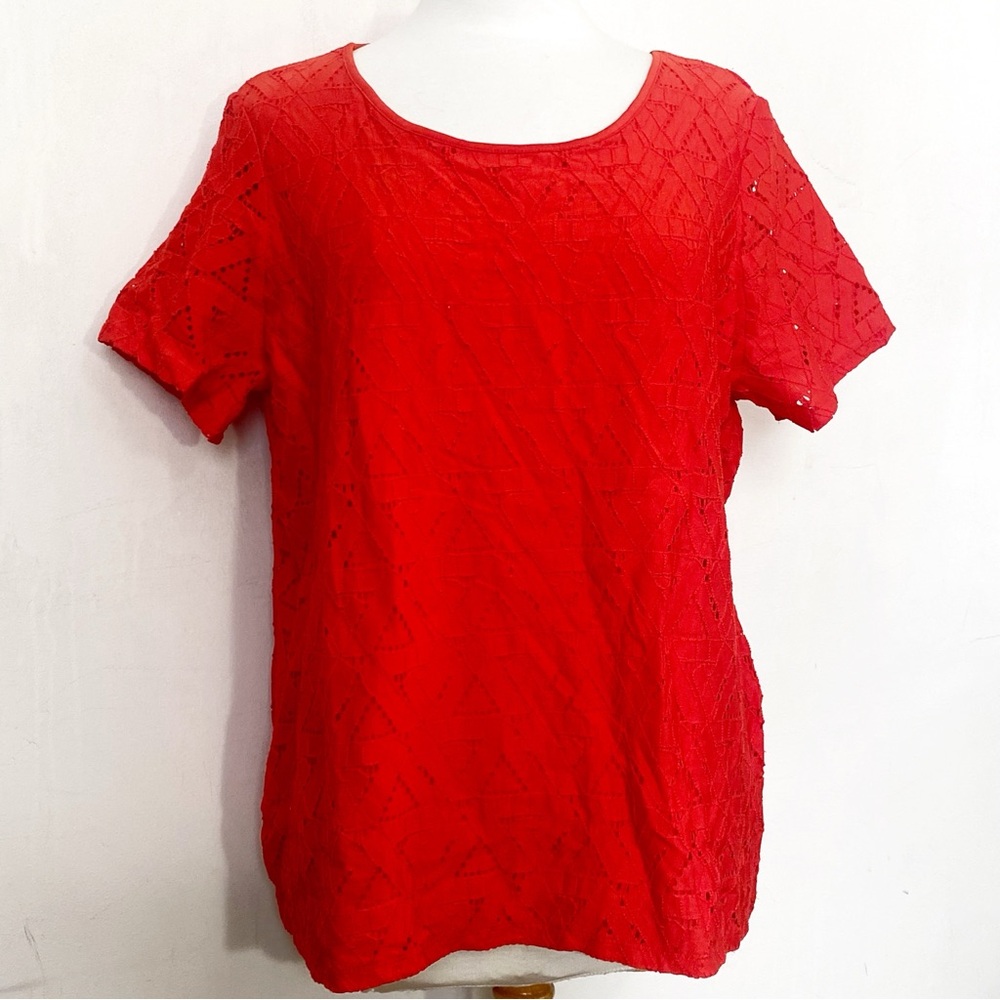 Embroidered Marc New York Eyelet Fabric, Lined Vibrant Red Short Sleeve Top 2X